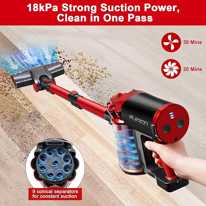 Elezon A200 Cordless Vacuum Cleaner – 18KPa, 38min Runtime, Lightweight
