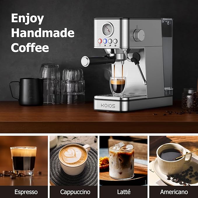 20-Bar Espresso Machine – Stainless Steel, 3-in-1 with Steam Wand
This high-performance espresso machine features a 20-bar Italian pump and PID temperature control for rich, barista-quality coffee at home. With three brew settings and a built-in milk frothing wand, it’s perfect for espresso, lattes, cappuccinos, and more.
• 20-bar professional pump with pre-soak system for even extraction
• 3 brew modes: single shot, double shot, and Americano
• Steam wand for fast, rich milk froth—ideal for cappuccinos an