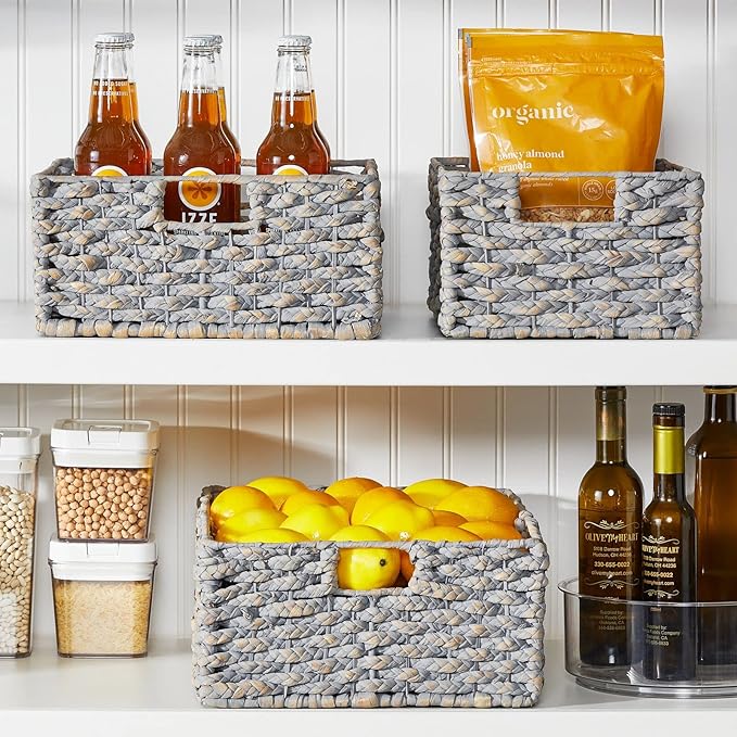 mDesign Hyacinth Braided Woven Kitchen Basket Bins – Set of 3, Gray Wash