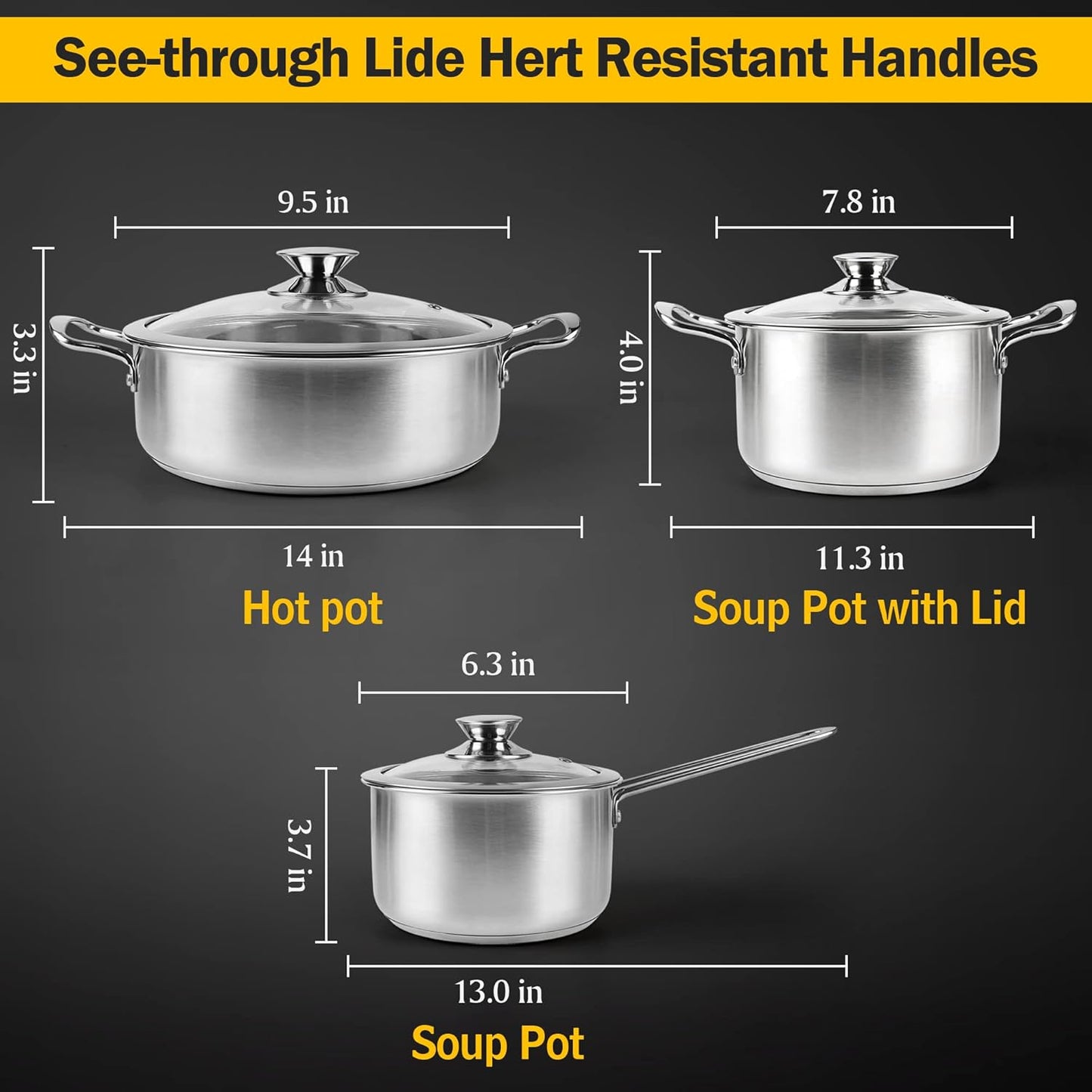Stainless Steel Cookware Set, 6-Piece Pot Set,