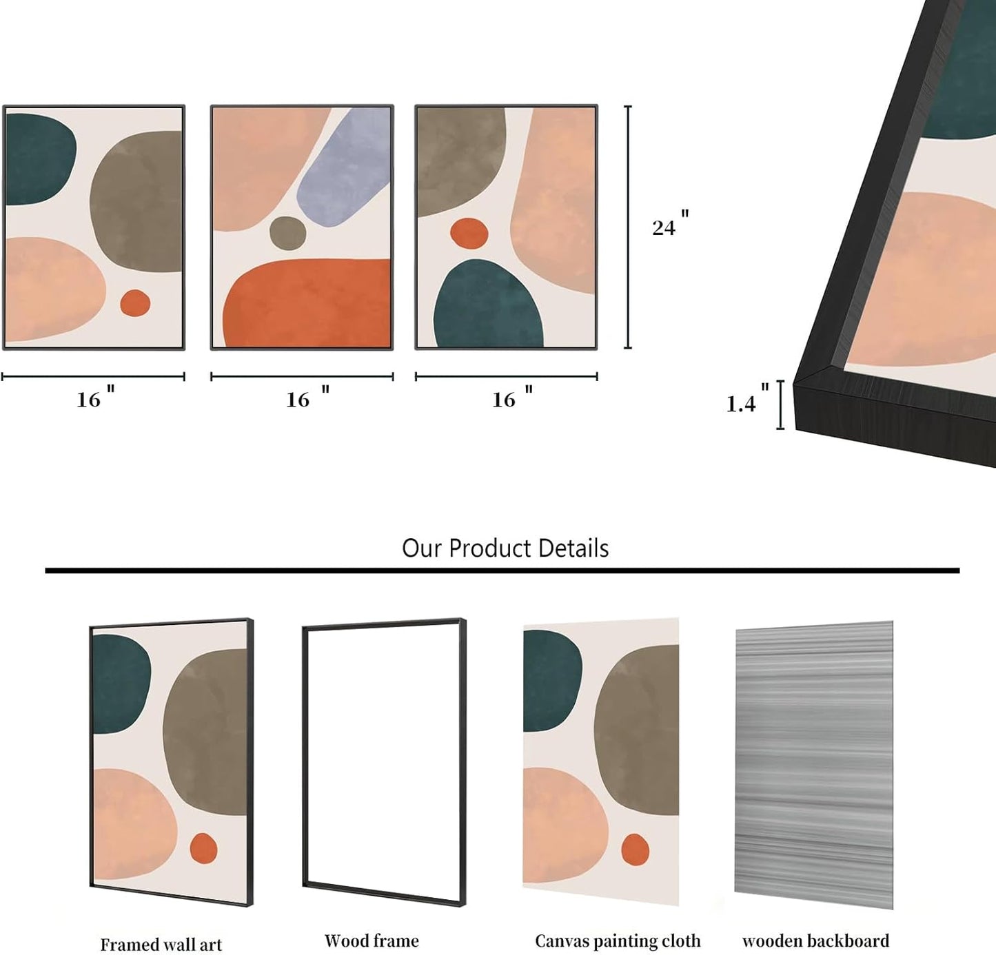 EbonCanvas Framed Abstract Wall Art 3 Panels, 16 x 24 Inch