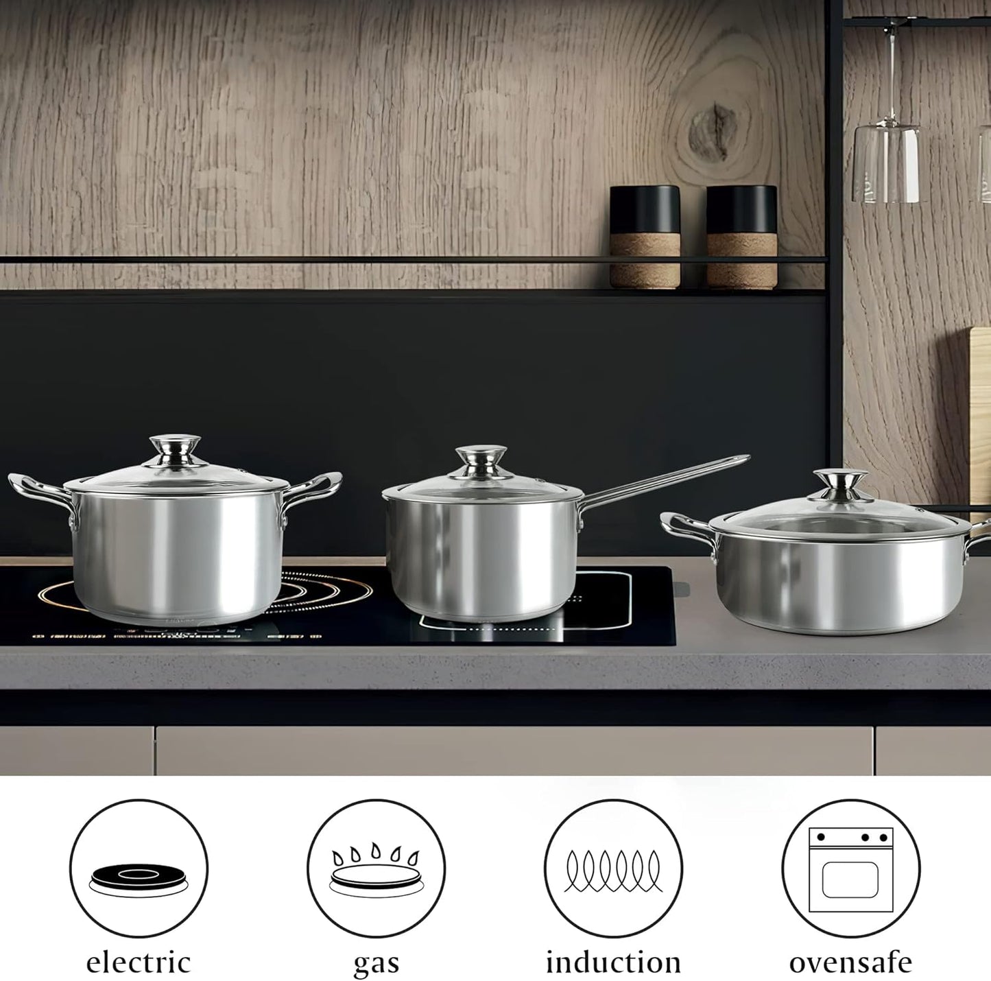 Stainless Steel Cookware Set, 6-Piece Pot Set,