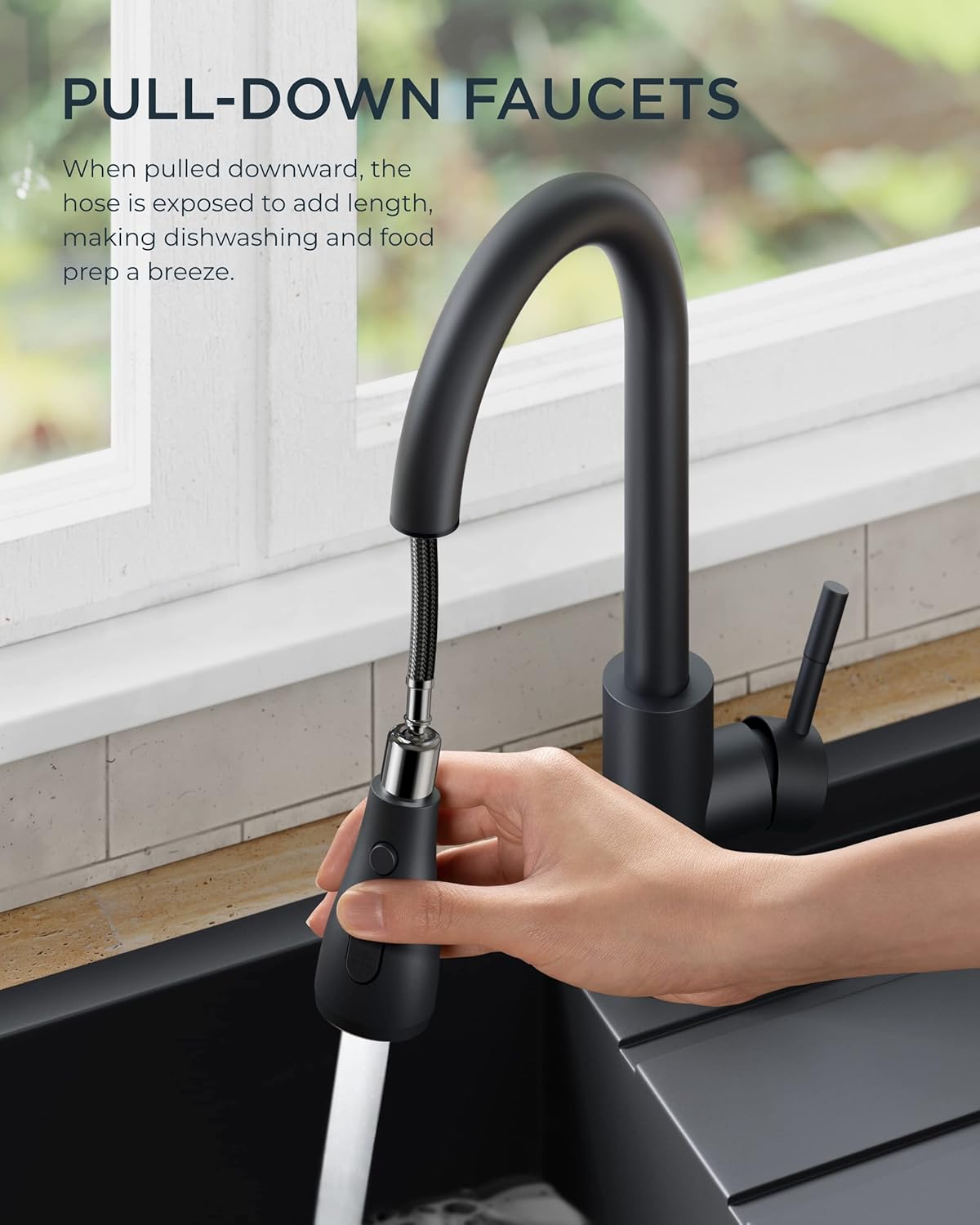 FORIOUS Black Kitchen Faucet with Pull Down Sprayer