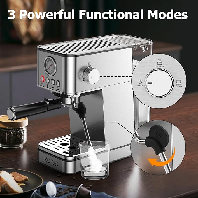 20-Bar Espresso Machine – Stainless Steel, 3-in-1 with Steam Wand
This high-performance espresso machine features a 20-bar Italian pump and PID temperature control for rich, barista-quality coffee at home. With three brew settings and a built-in milk frothing wand, it’s perfect for espresso, lattes, cappuccinos, and more.
• 20-bar professional pump with pre-soak system for even extraction
• 3 brew modes: single shot, double shot, and Americano
• Steam wand for fast, rich milk froth—ideal for cappuccinos an