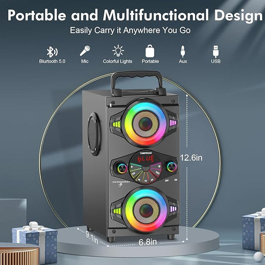 Bluetooth Speaker – Portable Wireless Speaker with Subwoofer, Lights, and Microphone