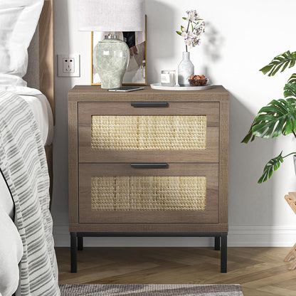 Anmytek Modern Farmhouse End Table – 2-Drawer Rattan Nightstand (Natural Oak Finish)