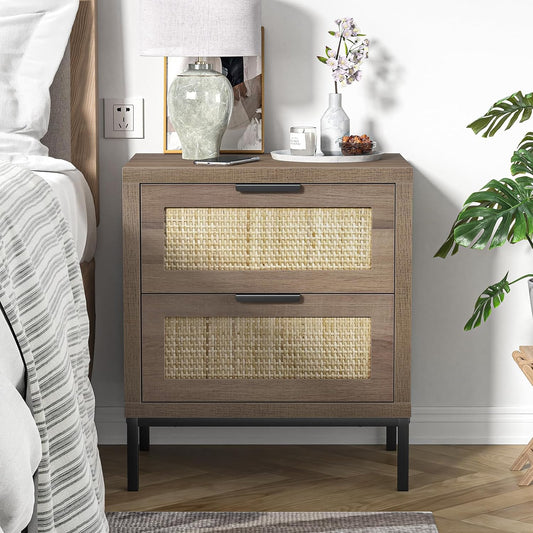 Anmytek Modern Farmhouse End Table – 2-Drawer Rattan Nightstand (Natural Oak Finish)