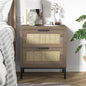 Anmytek Modern Farmhouse End Table – 2-Drawer Rattan Nightstand (Natural Oak Finish)