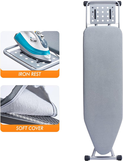 BKTD Ironing Board with Steel Frame and Steam Iron Rest – Gray (13 x 34 x 53 Inches)