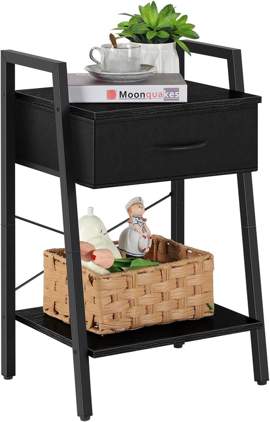Black 3-Tier Nightstand with Fabric Drawer and Open Shelf