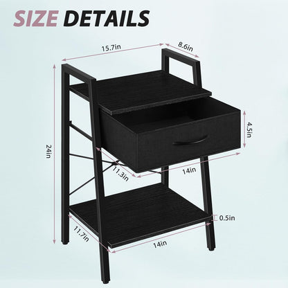 Black 3-Tier Nightstand with Fabric Drawer and Open Shelf