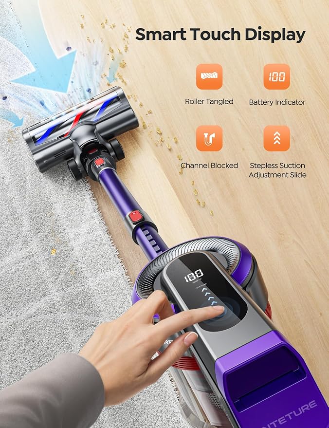 Inteture Cordless Vacuum Cleaner – 450W, 40Kpa, Touch Display
The Inteture cordless vacuum delivers powerful and efficient cleaning with 450W of suction power and up to 55 minutes of runtime. Designed for use on hardwood floors, carpets, and more, it features a touch display, detachable battery, and lightweight design for everyday convenience.

• 450W motor with 40Kpa suction power
• Up to 55 minutes of runtime with detachable battery
• Touch display for real-time control and battery monitoring
• Converts e