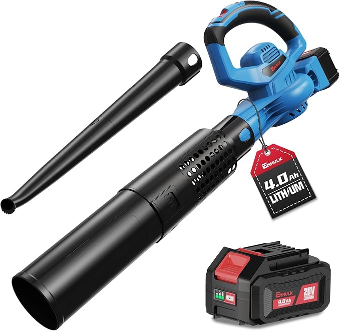 The Enhulk cordless leaf blower delivers powerful performance with 460 CFM airflow and 190 MPH airspeed, ideal for clearing leaves, debris, snow, and dust. Compact and battery-powered, it offers reliable runtime and easy maneuverability for any outdoor task.

• 20V cordless design with 4.0Ah battery and charger included
• Max airflow of 460 CFM and airspeed up to 190 MPH
• 6 variable speed settings for precise control
• 2-in-1 nozzle design for wide and concentrated airflow
• Up to 45 minutes of runtime on 