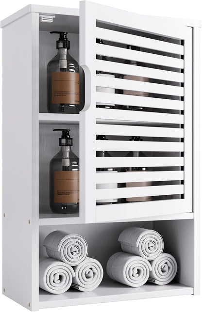 HITNET Bathroom Wall Cabinet with Door – White Bamboo Over-the-Toilet Storage Organizer