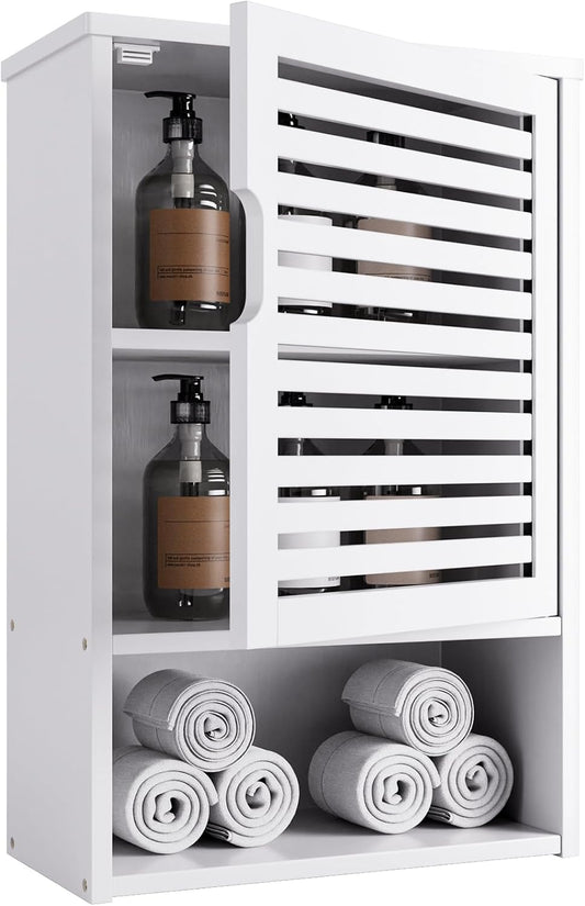HITNET Bathroom Wall Cabinet with Door – White Bamboo Over-the-Toilet Storage Organizer