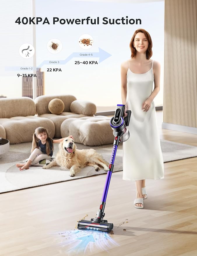 Inteture Cordless Vacuum Cleaner – 450W, 40Kpa, Touch Display
The Inteture cordless vacuum delivers powerful and efficient cleaning with 450W of suction power and up to 55 minutes of runtime. Designed for use on hardwood floors, carpets, and more, it features a touch display, detachable battery, and lightweight design for everyday convenience.

• 450W motor with 40Kpa suction power
• Up to 55 minutes of runtime with detachable battery
• Touch display for real-time control and battery monitoring
• Converts e