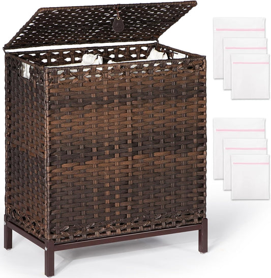 Laundry Hamper with 2 Removable Liner Bags – 112L Rattan Laundry Basket with Metal Legs (Brown)