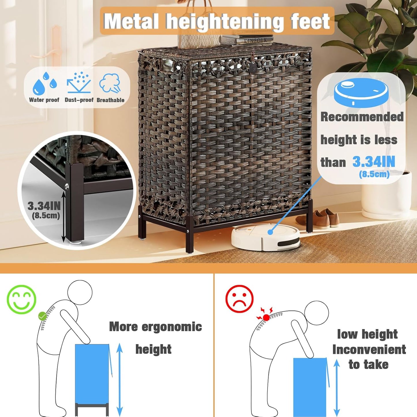 Laundry Hamper with 2 Removable Liner Bags – 112L Rattan Laundry Basket with Metal Legs (Brown)