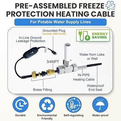 MAXKOSKO 85 Ft In-Line Pipe Heating Cable – 120V, Safe for Drinking Water