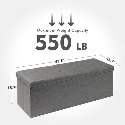 PINPLUS Folding Storage Ottoman Bench – Grey Linen, 43.3" Long