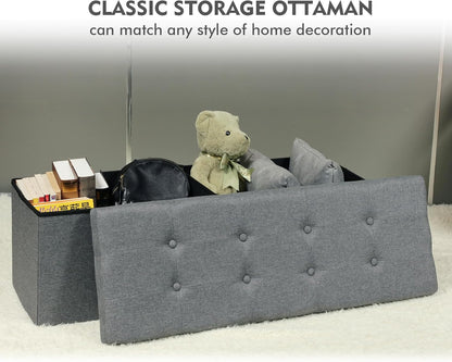 PINPLUS Folding Storage Ottoman Bench – Grey Linen, 43.3" Long