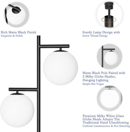 Ralbay Matte Black Globe Floor Lamp – 2 Globe Mid Century Modern Frosted Glass