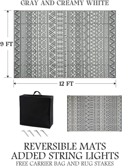 Reversible Outdoor Camping Rug with LED Strip – Grey & White, 9x12 ft