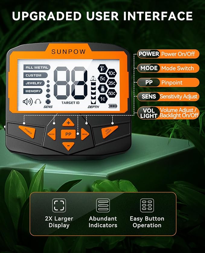 SUNPOW Metal Detector – Waterproof, 11" Depth, 5 Modes with LCD Display
The SUNPOW metal detector is a professional-grade tool built for accuracy, ease of use, and all-terrain performance. Ideal for adults and beginners alike, it features advanced DSP technology, a waterproof search coil, and five distinct detection modes.