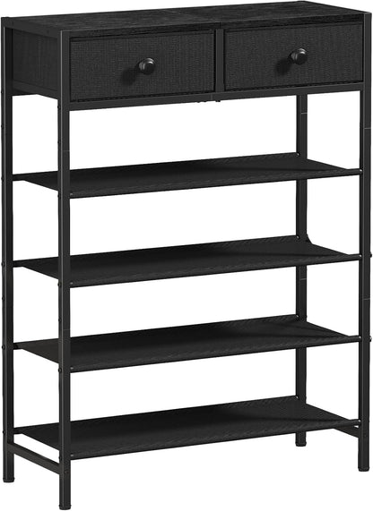 UNITSTAGE 5-Tier Shoe Rack with Drawers – Metal Frame, Fabric Shelves Wood Top, Charcoal