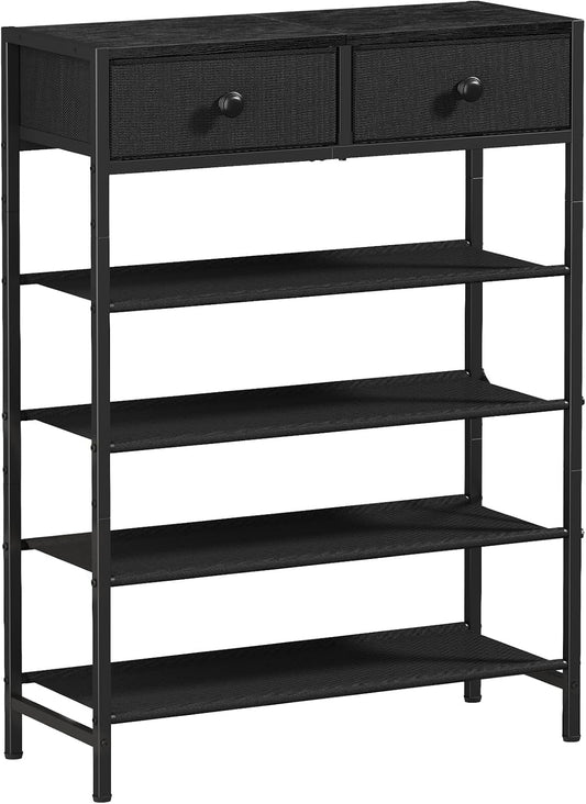 UNITSTAGE 5-Tier Shoe Rack with Drawers – Metal Frame, Fabric Shelves Wood Top, Charcoal