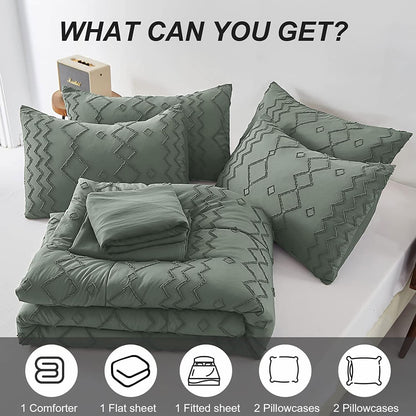 WONGS BEDDING Green Tufted Comforter Set – 7-Piece Queen Bed in a Bag, Microfiber Boho Bedding
