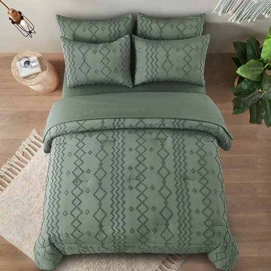 WONGS BEDDING Green Tufted Comforter Set – 7-Piece Queen Bed in a Bag, Microfiber Boho Bedding