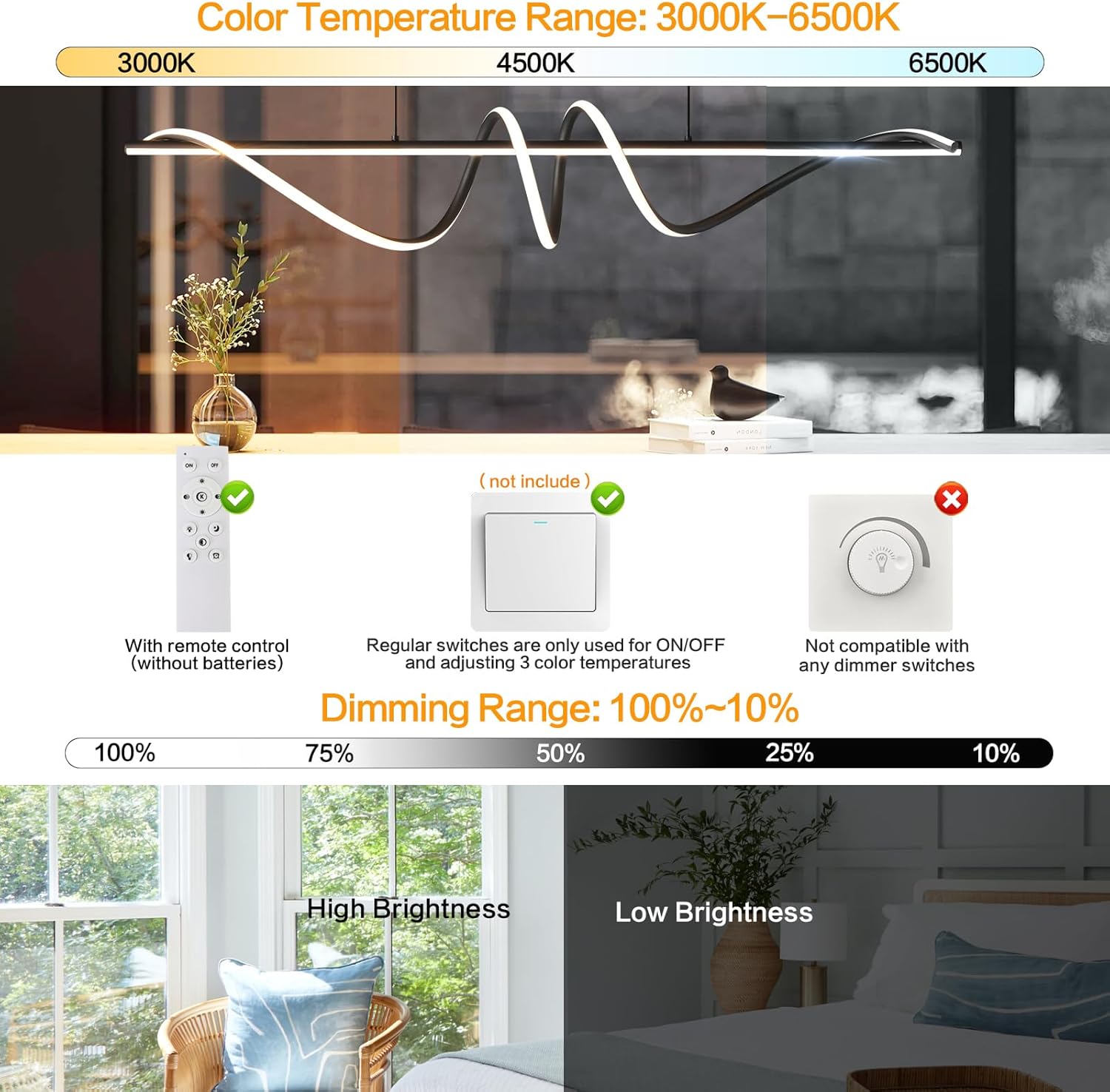 Modern Chandelier, Anti-Glare LED Chandelier L39.4 inche Pendant Light with Remote Control Adjustable Color Temperature & Brightness for Dining Room Bar and Kitchen Island Lighting (Black)
