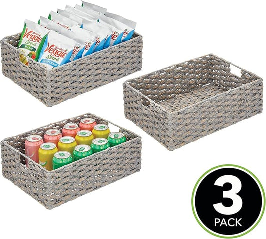 mDesign Hyacinth Braided Woven Kitchen Basket Bins – Set of 3, Gray Wash
